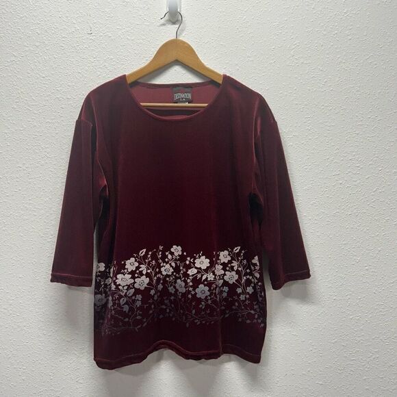 Destination LA Vintage Red Velvet Whimsigoth Floral 3/4 Sleeve Top Size L - Picture 1 of 13